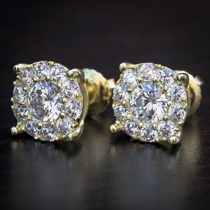 Authentic Mens Round Cut Honey Comb Cluster Yellow Gold Plated Iced Cz Stud Earrings