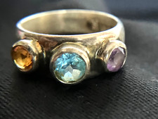 Sterling Silver 925 Three Bezel-set Gemstone Ring-- Size 8.5