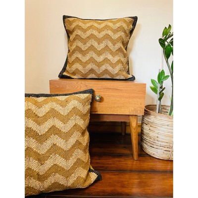 18x18'' Patterned Yellow & Beige Cushion Cover Wool Jute Pillow Cover Square Rug