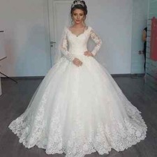 Luxury Ball Wedding Dresses Long Sleeves V Neck Appliques Lace Up Bridall Gowns