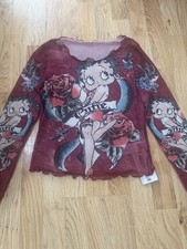 Y2K Betty Boop Tattoo Print Mesh Top Size S Brand New