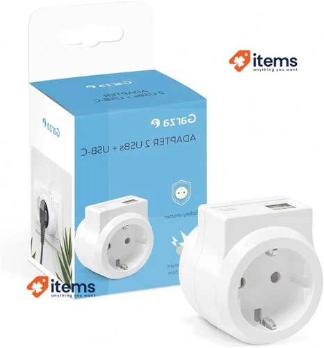 Garza - Prise Adaptateur Avec 1 Toma Schuko + 2 USB Ports C Blanc Carte Mémoire
