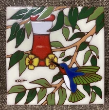 VTG 1995 Earthtones Tile Trivet Hummingbird and Feeder