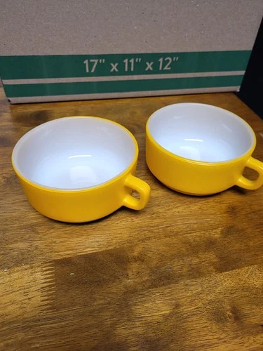 2 Vintage Fire-King Yellow Soup/Chili Bowl D Handle Stackable 5 1/4"