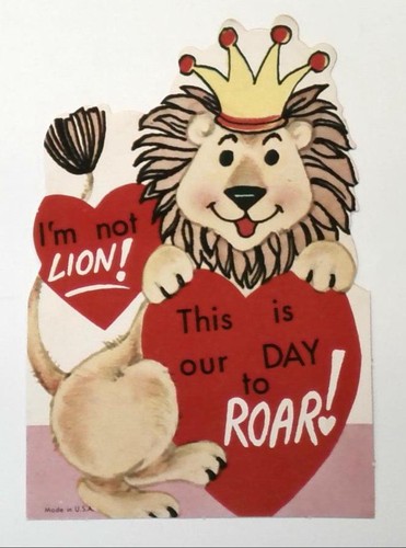 Vintage 1960s Valentine's Day Card Cute Lion with Heart Design 4.25"h