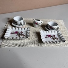 Vintage Miniature Porcelain Tea Set Pink Rose Gold Trim Cups Saucers Creamer