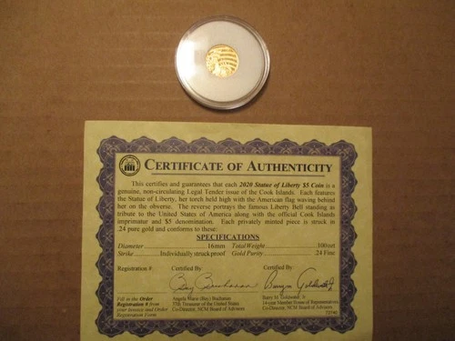 2020 Cook Island $5 Gold Coin, 1/10 oz. 24% Fine Gold. #cp