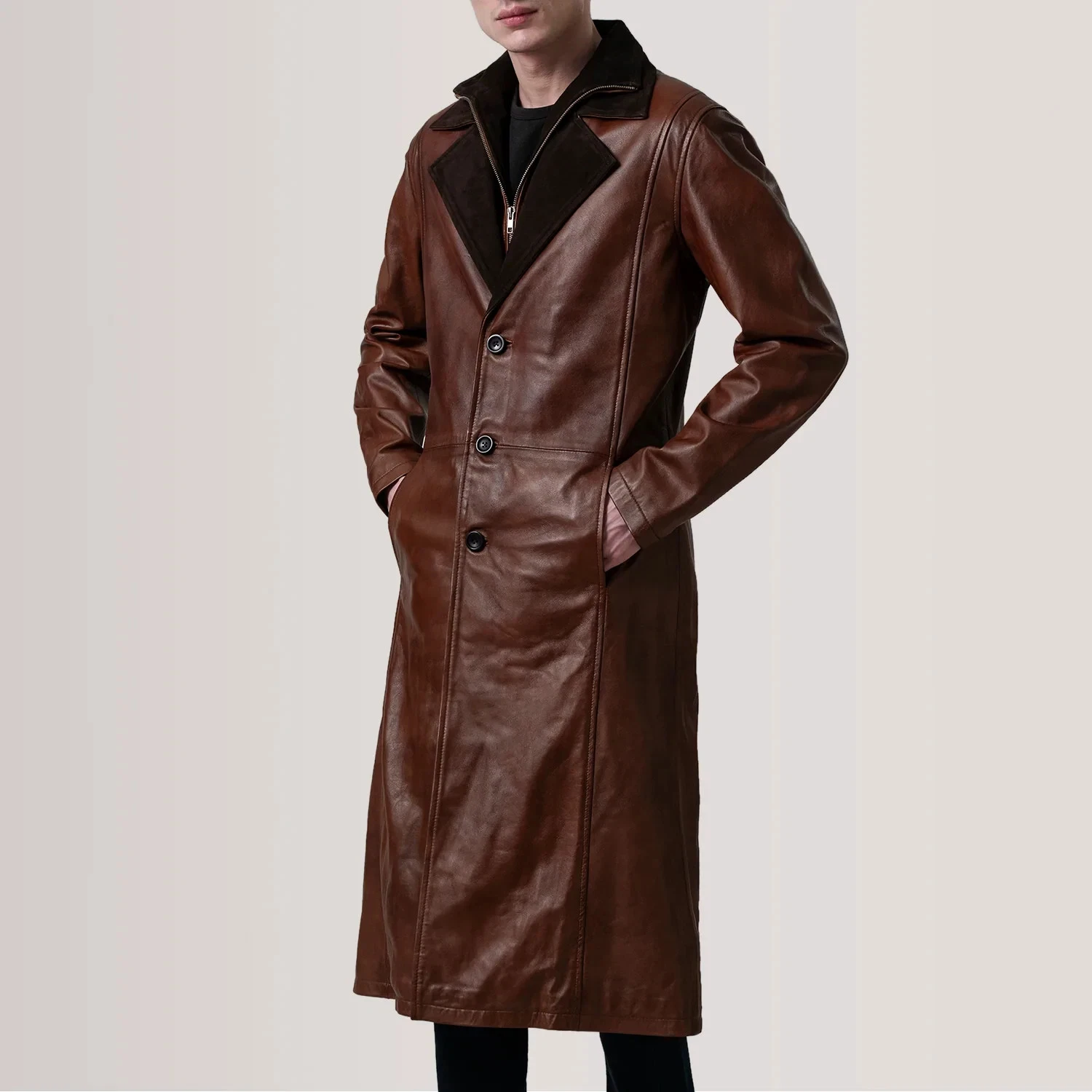 Mens Genuine Leather Trench Coat Long Brown Waxed Vintage Jacket Overcoat Winter - product detail image 1