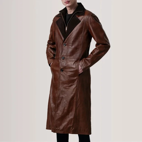 Mens Genuine Leather Trench Coat Long Brown Waxed Vintage Jacket Overcoat Winter video thumbnail