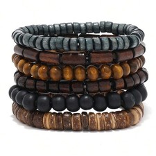 6pcs Men's Vintage Leather Bracelet Set Wooden Beads Braided Wrap Cuff Armband
