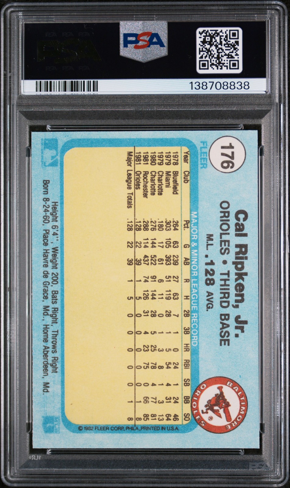 1982 FLEER #176 CAL RIPKEN JR. ROOKIE RC PSA 8 view 2