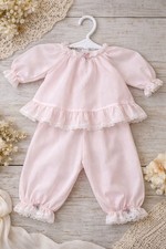 Vintage Baby Pink Rosebud Outfit Lace Trim Top Pants Embroidered Roses Layette