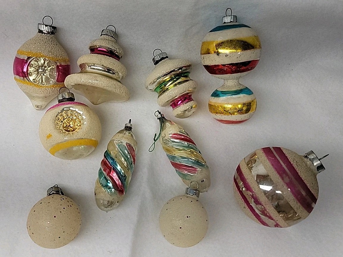 10 Vintage Mercury Glass Ornaments Mica UFO Tree Indents Germany Shiny Brite Etc