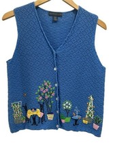 Northern Isles Vintage Garden Patio Plants Embroidered Blue Sweater Vest - M