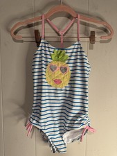 Kate Mack Girls One Piece Swimsuit Size 8 Blue White Striped Pineapple