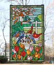 Tiffany Style Stained Glass Window Panel Bird Bath With Flowers, 20" x 33.75" HF