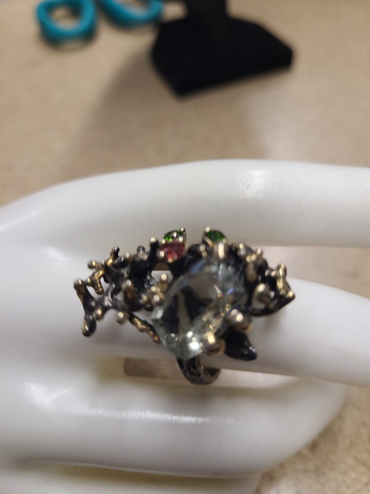 Large Unique Sterling Silver Gemstone Ring Size 9 - image 1