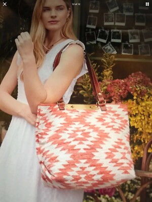 NWT Patricia Nash CORAL  Woven Cotton Tote Leather Straps Bar Lock 18x13 CHANNAI