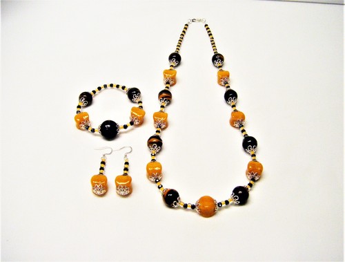 Chunky Bicone Shape Orange Luster w/Black Orange Swirl Glass Bead Neck/Brace/Ear - Picture 4 of 10