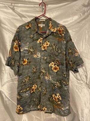 Pierre Cardin Hawaiian Aloha Shirt Island Hibiscus Palm Boat Button Up Rayon XL