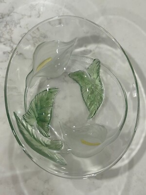 Vintage Luminarc Calla Lily Green Leaf Raised Glass Oval Bowl Art Nouveau France