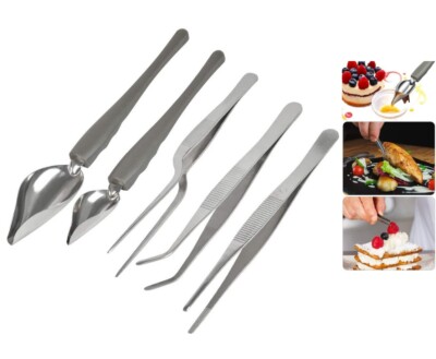 Pro Chef Plating Kit TWEEZERS Tongs Dessert Sauce Tool Spoon Kitchen Offset Set