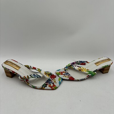 Franco Sarto CARMELLA White Floral Fabric Square Toe Block Heel Sandals, 8.5M
