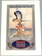 Antique 1929 Ad for SHARP'S SUPER-KREEM TOFFEE Macaw Parrot Delivering Treats
