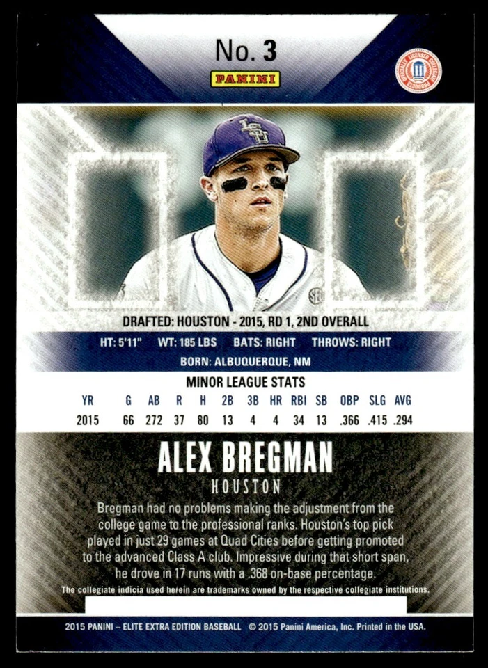 2015 Panini Elite Extra Edition Alex Bregman Rookie Houston Astros #3 - Image 2 of 2