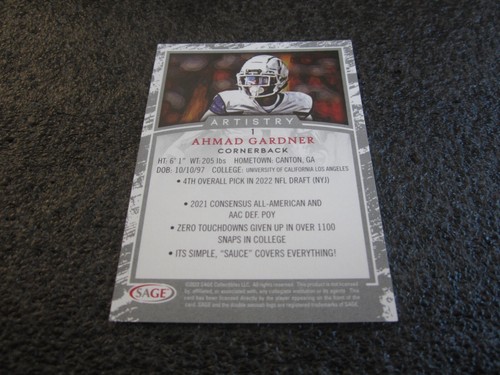 2022 SAGE ARTISTRY NFL ROOKIE BLACK TRIM PARALLEL AHMAD SAUCE GARDNER 