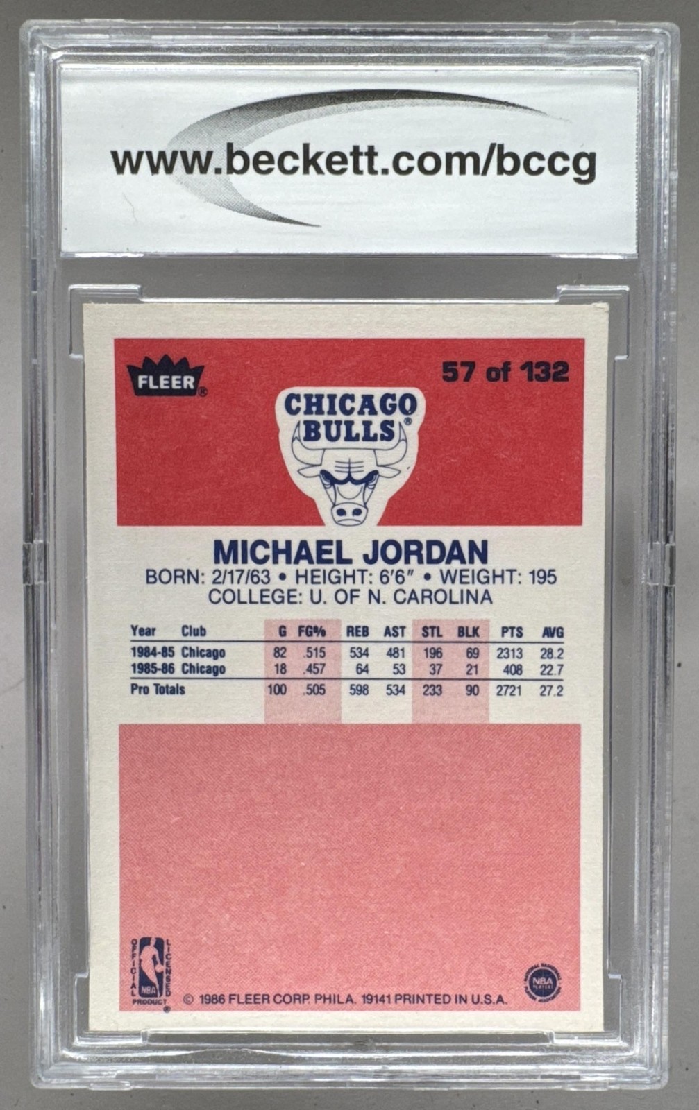 Michael Jordan 1986 Fleer #57 Rookie RC Hall of Fame HOF GOAT BGS BCCG 9 view 2