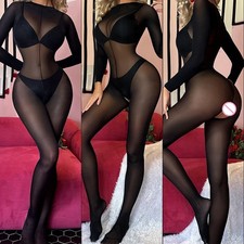Alluring See Through Pantyhose Lingerie Crotchless Bodysuit Jumpsuit for Women