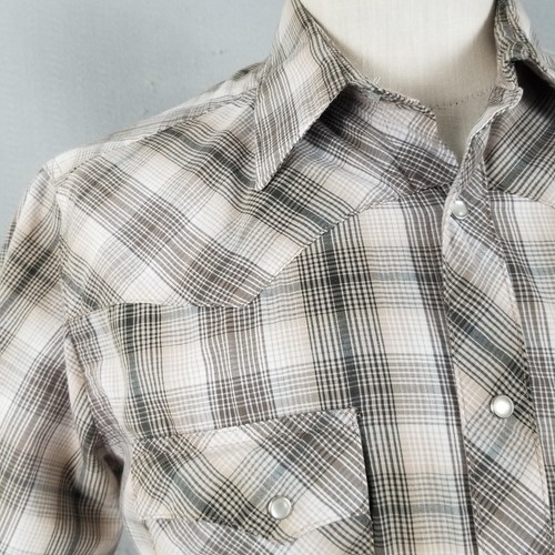 Wrangler WrancheR Shirt Mens Medium Beige Brown Plaid Pearl Snap Western Rodeo - Picture 4 of 13
