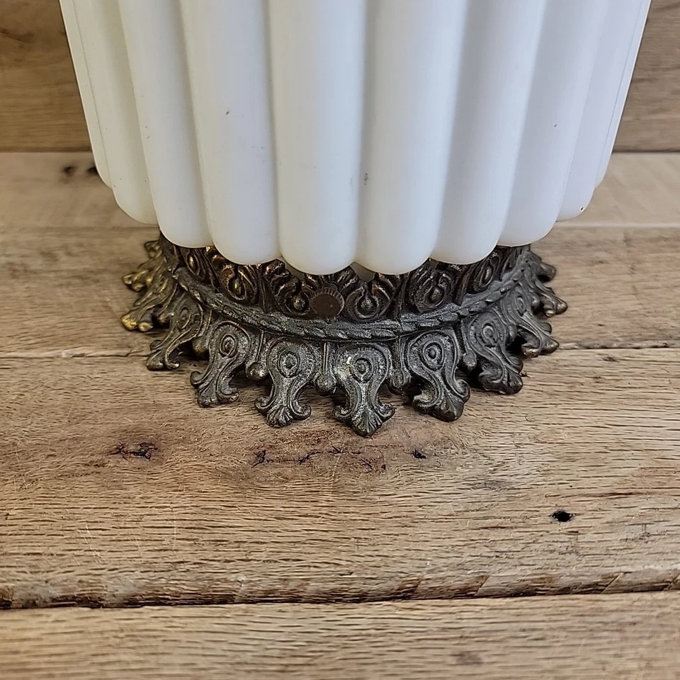 MCM Hanging Light Fixture Ornate Milk Glass & Brass Gothic Revival Swag Lamp #1 - Image 3 of 4