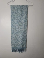 Cashmink Blue White Floral W/ Fringe Accent Rectangle Scarf