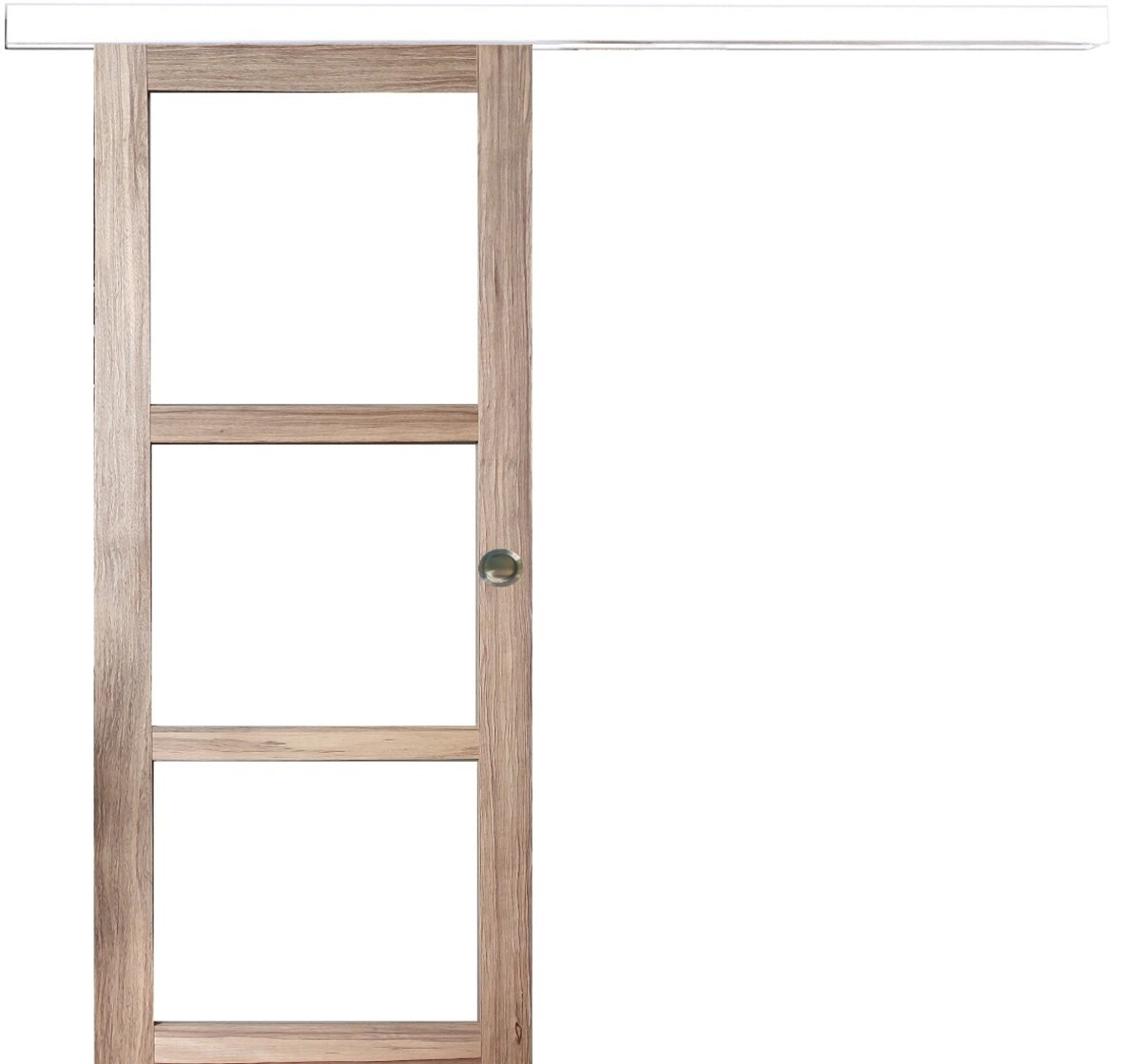 Porte coulissante bois fraké de prestige H204 L83 avec vitrage transparent et rail en aluminium