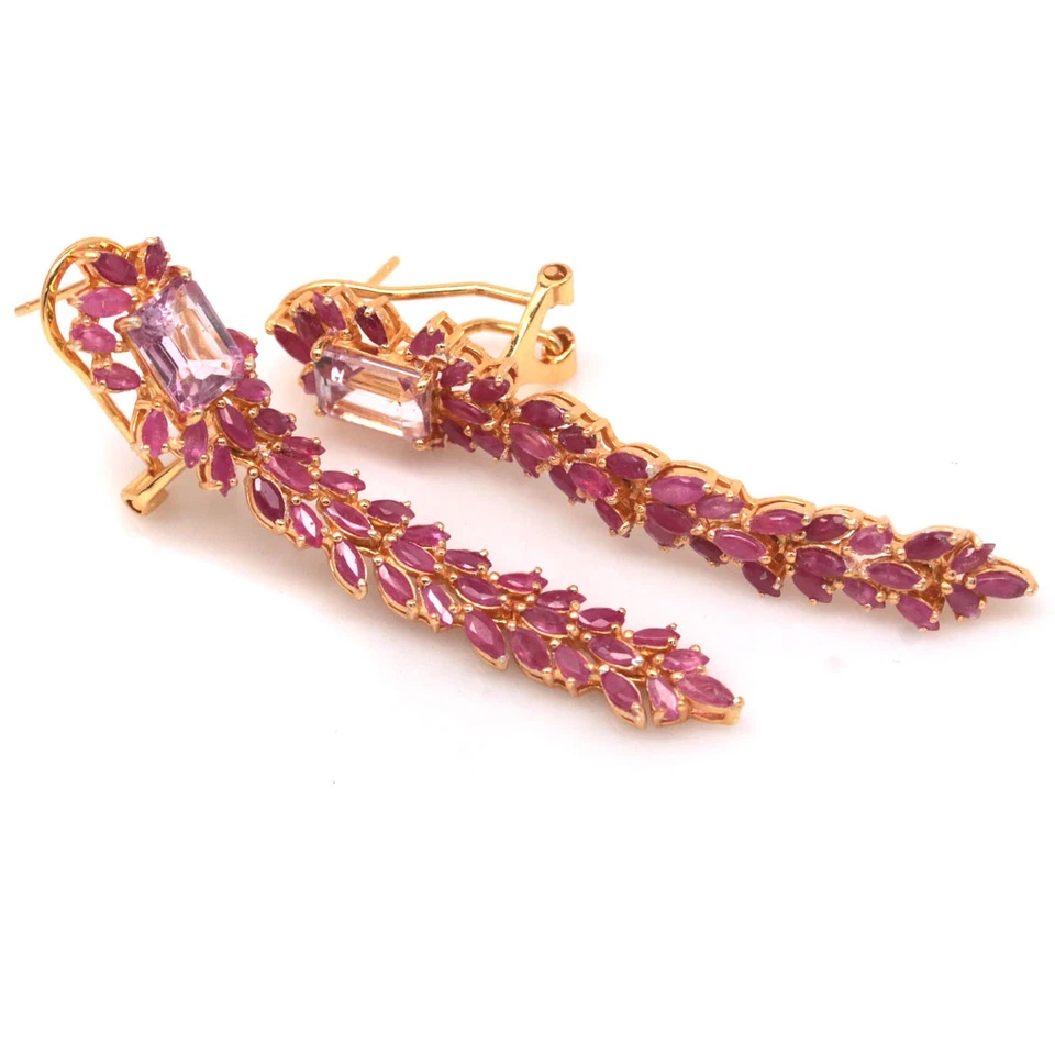 Plata 925 hecha a mano 6 x 8 mm. Pendientes de topacio místico rosa y rubí rosa Foto 2 de 4