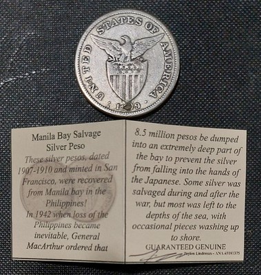 1909-S PHILIPPINES Manila Bay Salvage Silver Peso w/COA Large Crown Size Coin