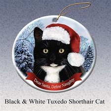 Holiday Pet Gift Tuxedo Shorthair Cat Santa Porcelain Christmas Tree Ornament