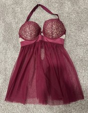Victoria  s Secret Push Up Halter Mesh BabyDoll Wine Lingerie Chemise Nightie 34D