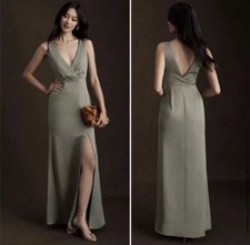 Anthropologie BHLDN Piper V-Neck Side-Slit Satin Gown Moss Dress NWT 22W