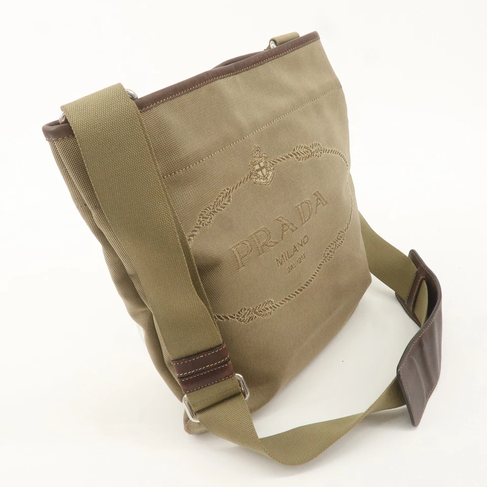 PRADA Logo Shoulder Bag Crossbody Bag Beige Brown Jaguard Leather Auth Used - Image 4 of 4
