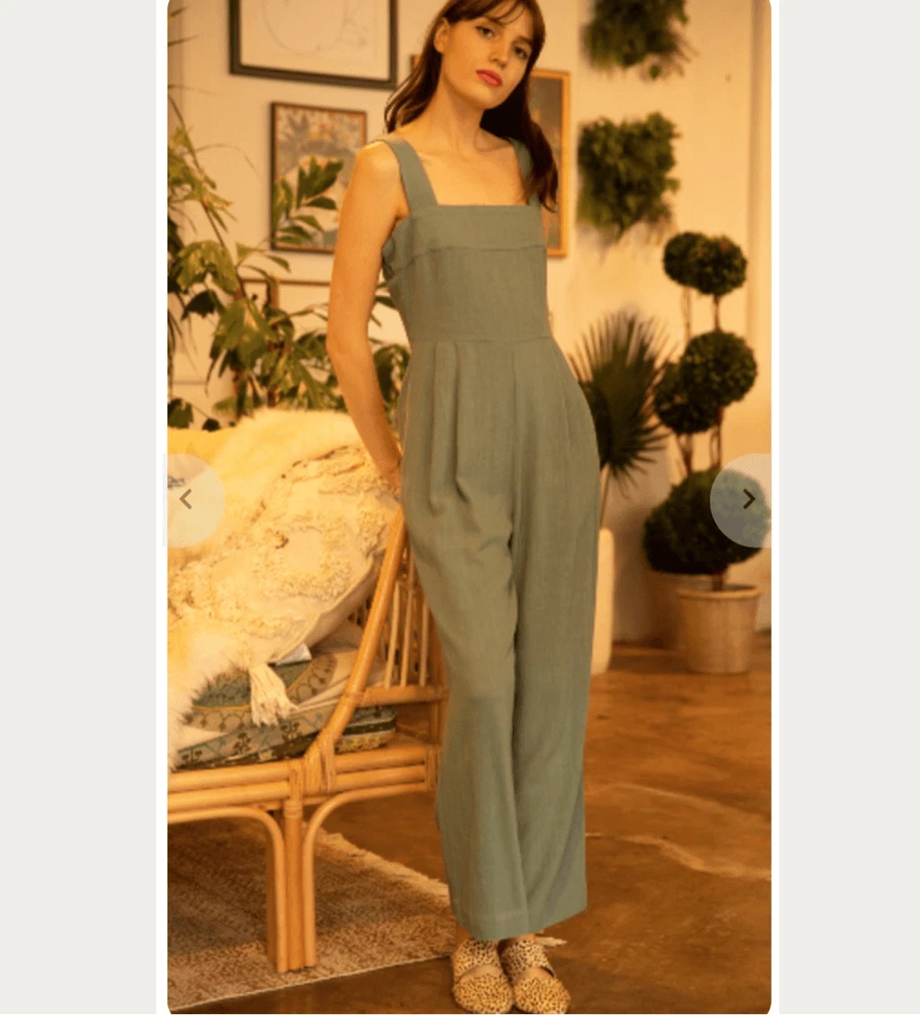 Grade & Gather Square Neck Linen Wide Leg Flowy Jumpsuit Green