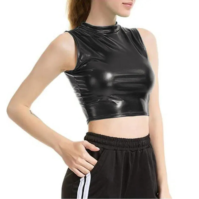 ALTRA Canotta donna sexy crop top smanicato high street spandex lucido metallizzato