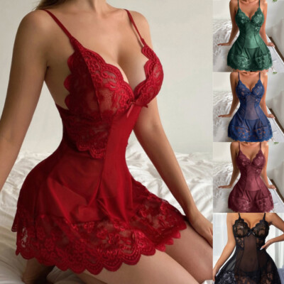 Sexy Damen Spitze Nachtwäsche Babydoll Dessous Reizwäsche Negligee Trägerkleider