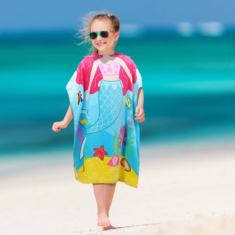 Kids Hooded Poncho Bath Beach Pool Towel Children Soft Microfiber Bath Robe US - Image 2 of 4