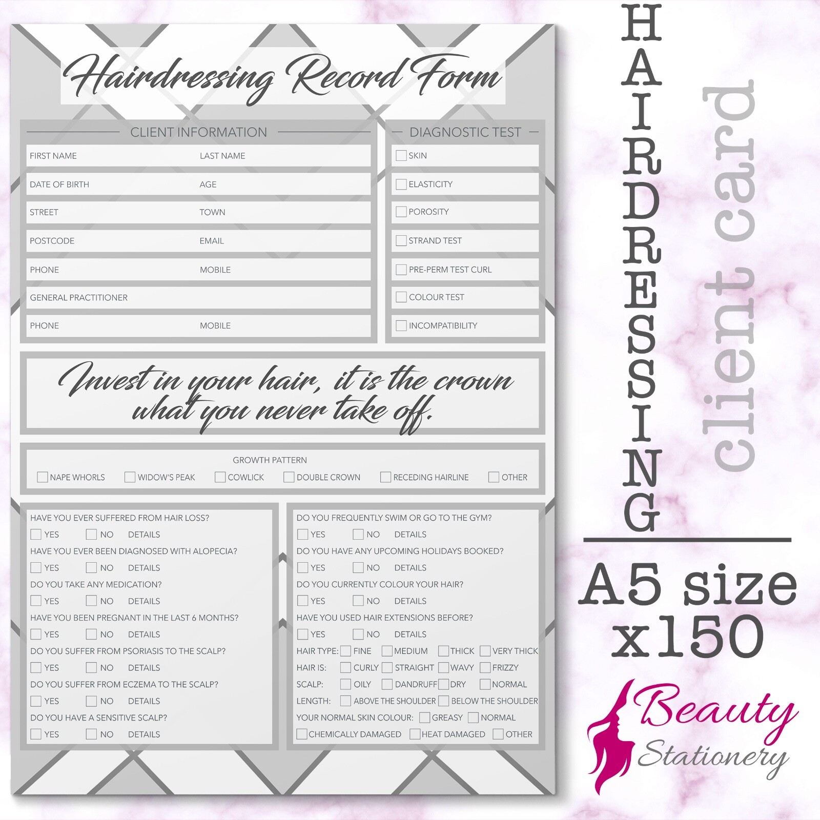 Hairdressing Client Record Card Form PREMIUM Treatment Consultation A5 x150