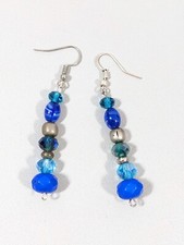 Artisan Shades of Blue Glass Bead Faceted Stacked Dangle Hook Earrings