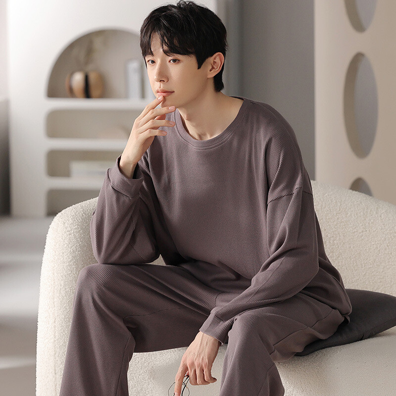 Mens Crew Neck Cotton Sleepwear Cozy Long Sleeve Pajamas Set