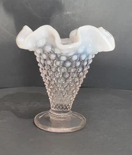 Vintage Fenton Hobnail Light Pink Opalescent Ruffled Trumpet Vase 